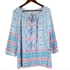 CHARTER CLUB Signature Linen Boho Tunic Top XL Blue Pink Floral Tie Neck